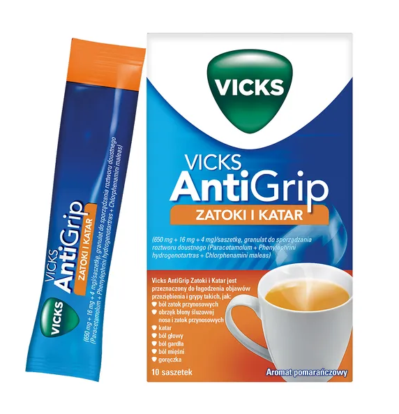 Vicks Antigrip Zatoki i Katar, granulki do sporządzania roztworu doustnego, 10 saszetek
