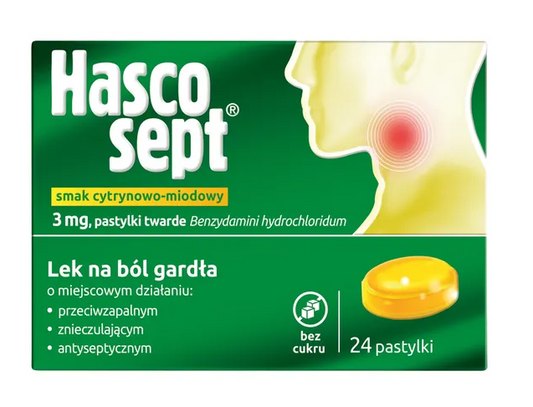 Hascosept smak cytrynowo-miodowy, 3 mg, pastylki twarde, 24 szt.