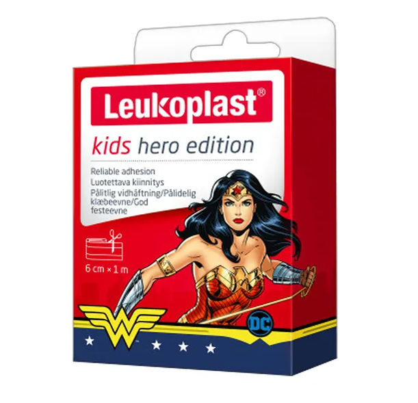 Leukoplast Kids Hero Edition (Wonder Woman), plaster z opatrunkiem, wymiary: 6 cm x 1 m, 1szt.